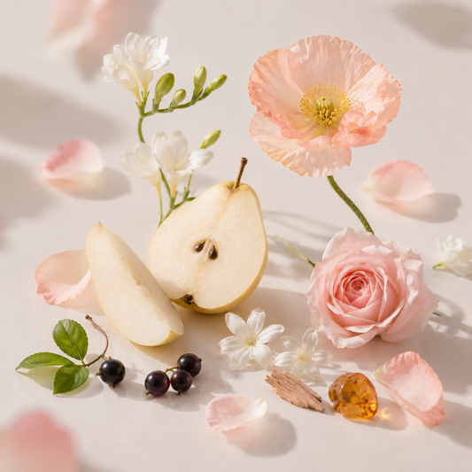 MADORIS Blush Veil fragrance notes with pear, flowers and soft pink botanical elements