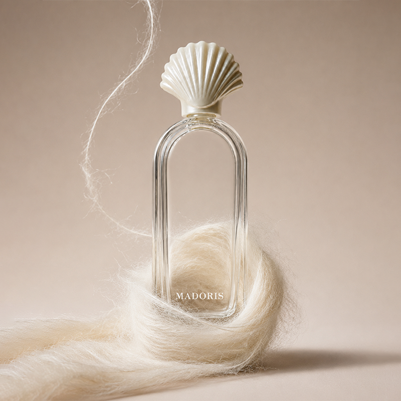 MADORIS Cashmere Amber reed diffuser wrapped in soft ivory fibers on a warm beige background