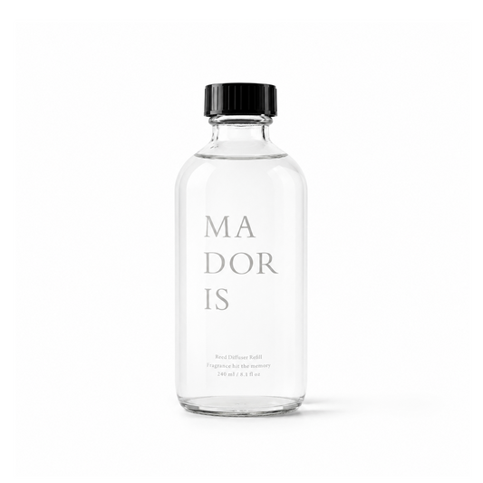 MADORIS Golden Hour 240ml fragrance refill in a clear bottle with black cap