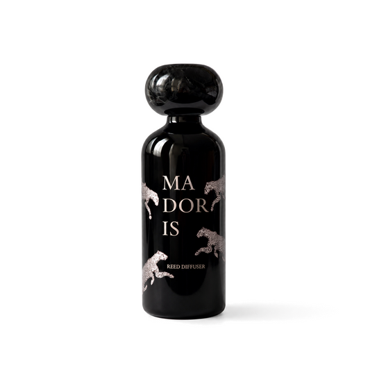 MADORIS Lucky Leopard reed diffuser with black sculptural cap and black glass bottle