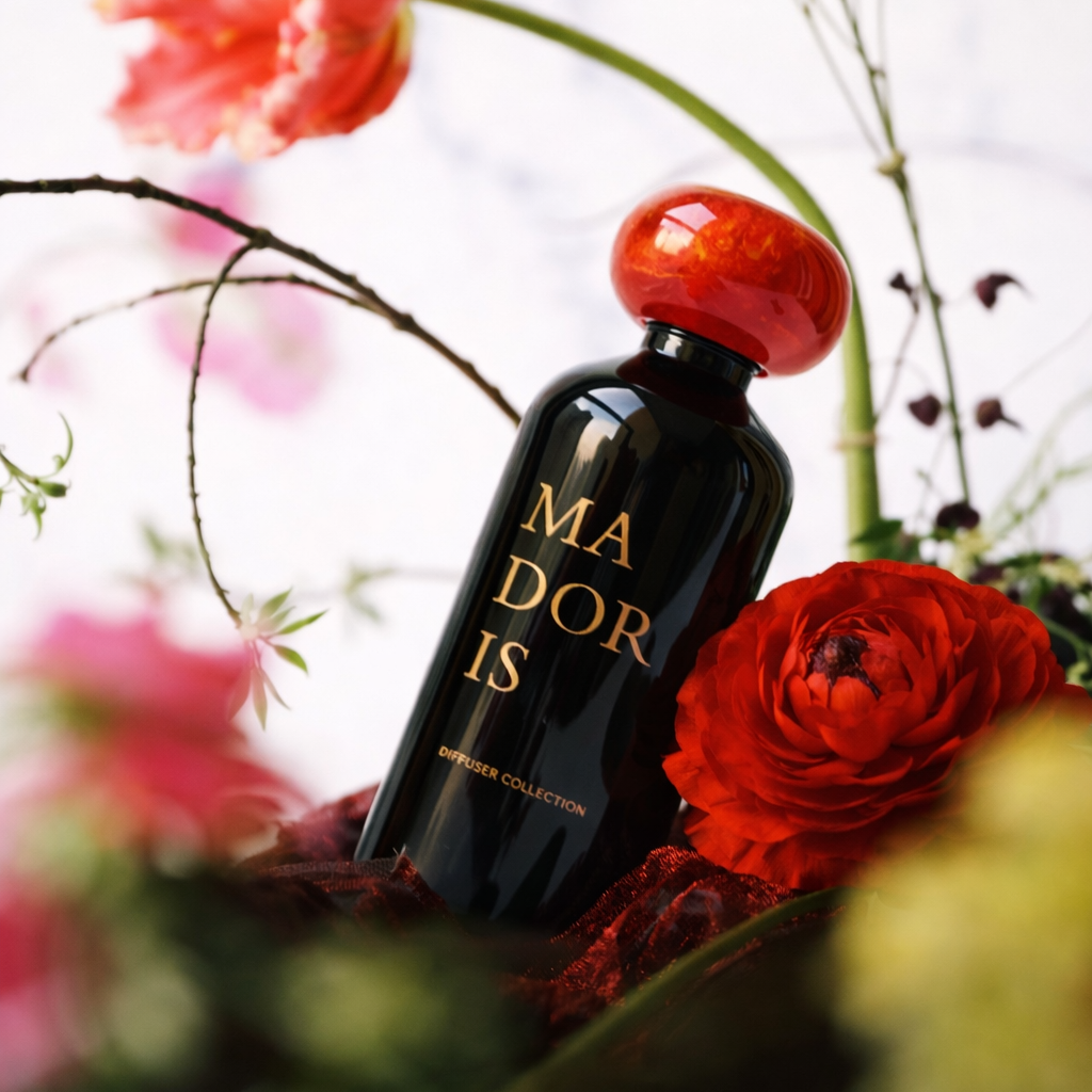 MADORIS Midnight Kiss reed diffuser styled among red and pink flowers