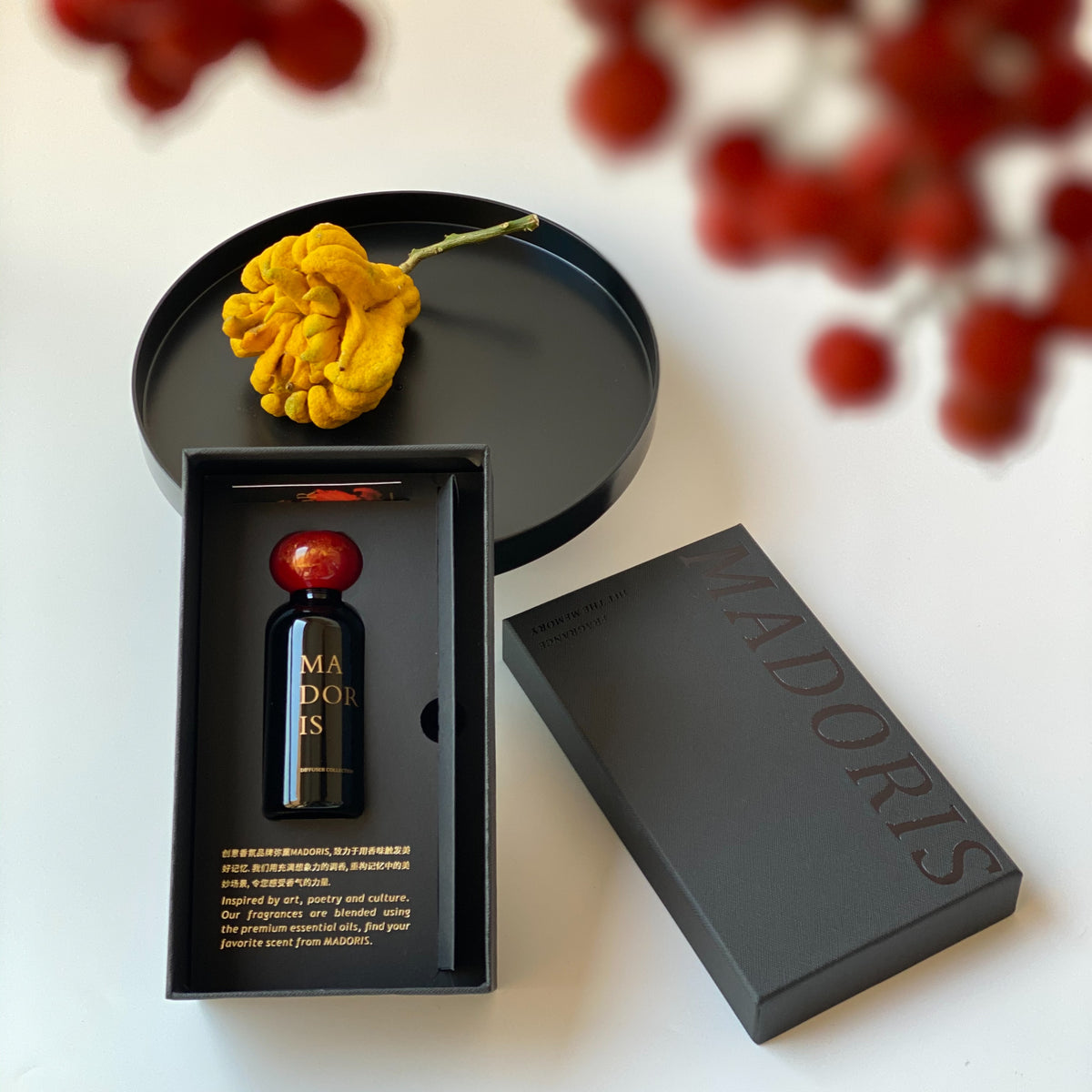 MADORIS Midnight Kiss reed diffuser presented with its signature gift box