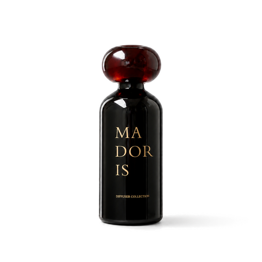 MADORIS Moonlight Glass reed diffuser with dark red cap and black glass bottle