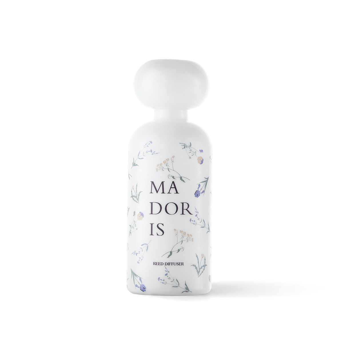 MADORIS White Whisper reed diffuser with white sculptural cap and white glass bottle